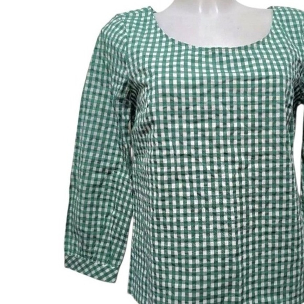 J.Crew‎ Womens Green White Gingham Seersucker Scoop Neck 3/4 Sleeve Top XXS